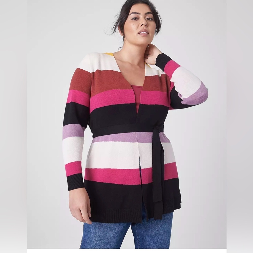NWT LANE BRYANT 14/16 belted Jacquard colorful striped coverpiece cozy cardigan